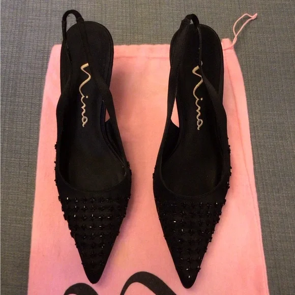Nina Black Satin Sling Back Heels, Special Occasion, Size 7-1/2 Med - Picture 9 of 11